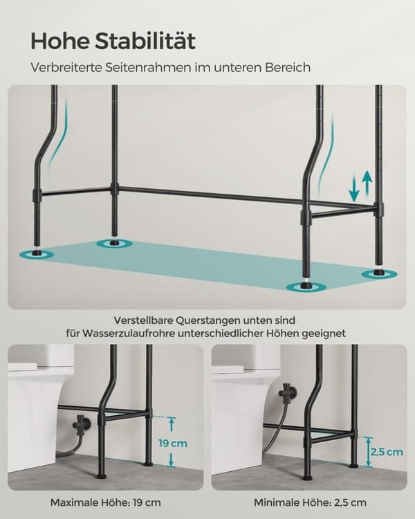 Rootz metallinen wc-hylly - Musta kylpyhuoneen säilytysteline - Järjestäjäteline - Tukeva rakenne - 30cm x 83cm x 176cm