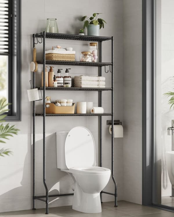 Rootz metallinen wc-hylly - Musta kylpyhuoneen säilytysteline - Järjestäjäteline - Tukeva rakenne - 30cm x 83cm x 176cm