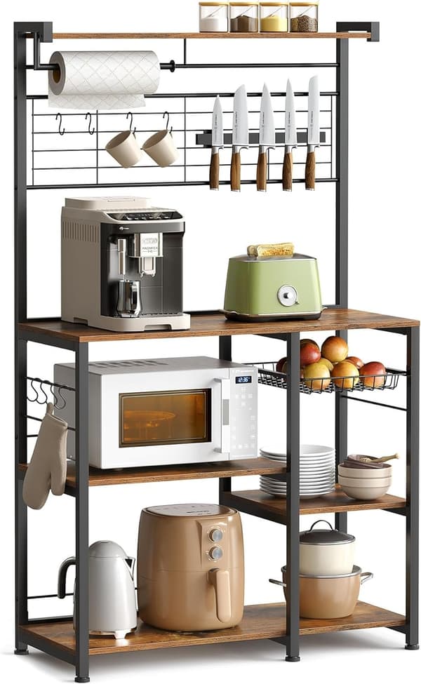 Køkkenhylde, Stående Hylde, Bordplade, Kokkenoer, Køkkenrulleholder, 12 Kroge, Vintage Brun/sort