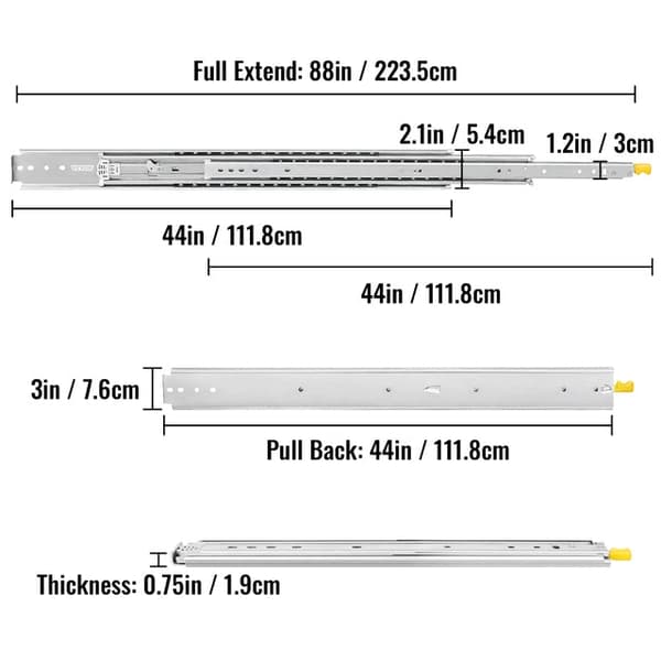 Skuffeskinner med lås - 227 kg bæreevne, dobbelt lås & 3-sektionsskuffer 44 inch