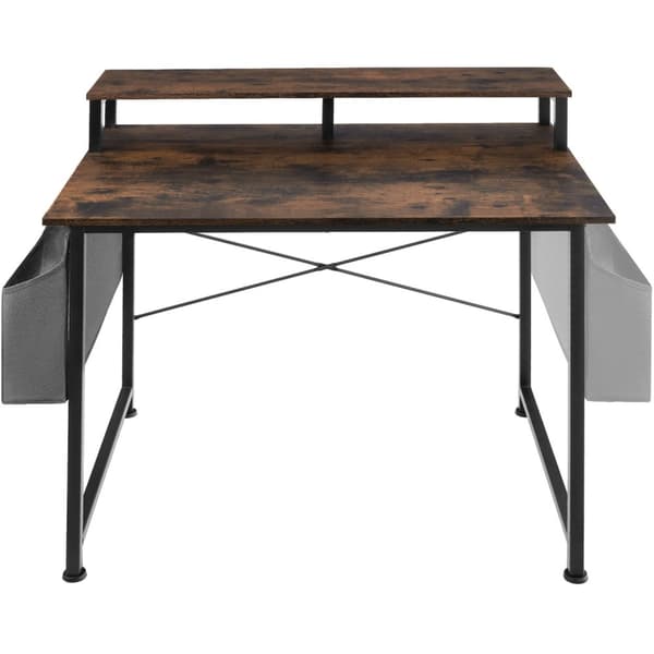 Skrivebord med hylde og stofpose - Industrielt mørkt træ, rustikt,120 cm