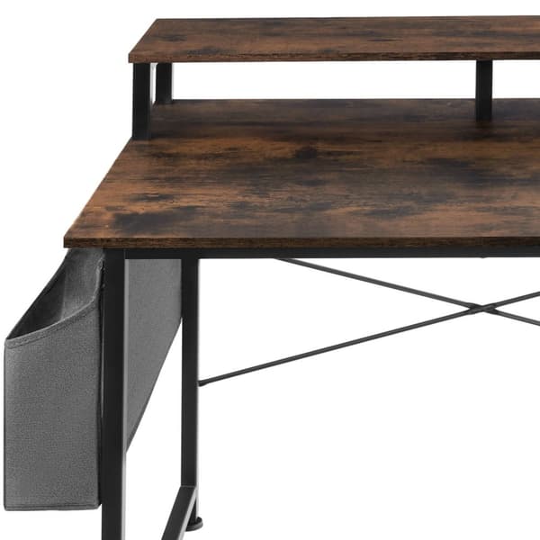 Skrivebord med hylde og stofpose - Industrielt mørkt træ, rustikt,120 cm