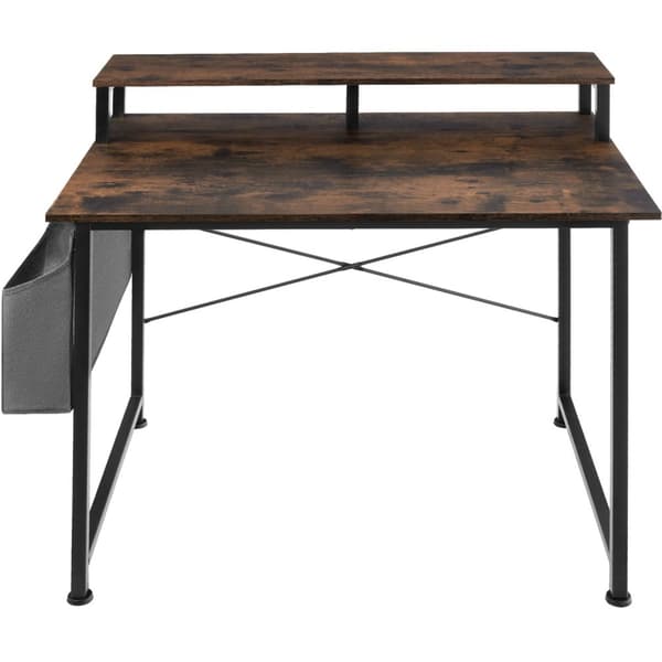 Skrivebord med hylde og stofpose - Industrielt mørkt træ, rustikt,120 cm