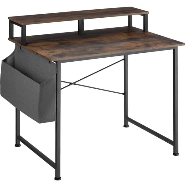 Skrivebord med hylde og stofpose - Industrielt mørkt træ, rustikt,120 cm