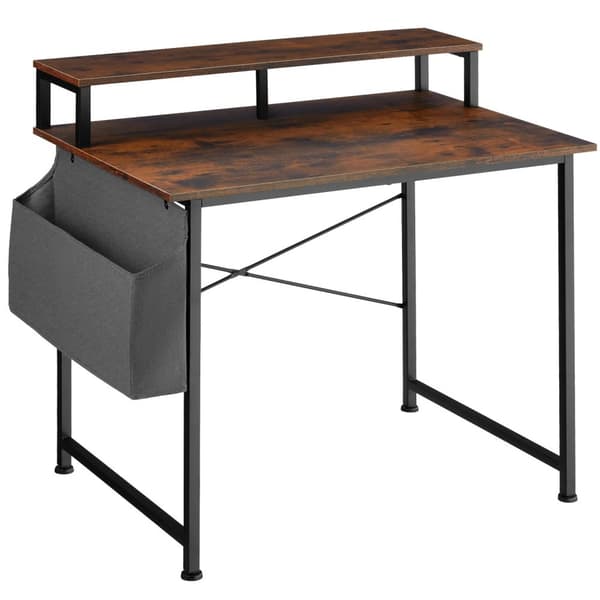 Skrivbord med hylla och tygficka - Industriellt mörkt trä, rustikt, 120 cm