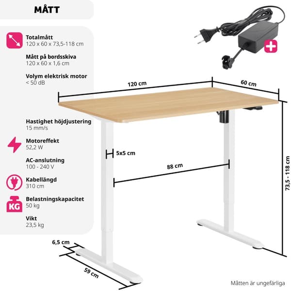 Elektriskt höj- och sänkbart skrivbord Skadi - ek/vit