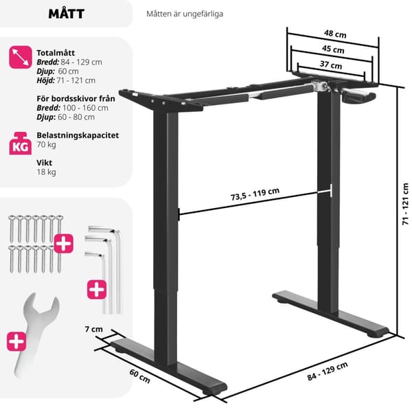 Höj-och sänkbart bordsstativ Idun, med handvev - svart