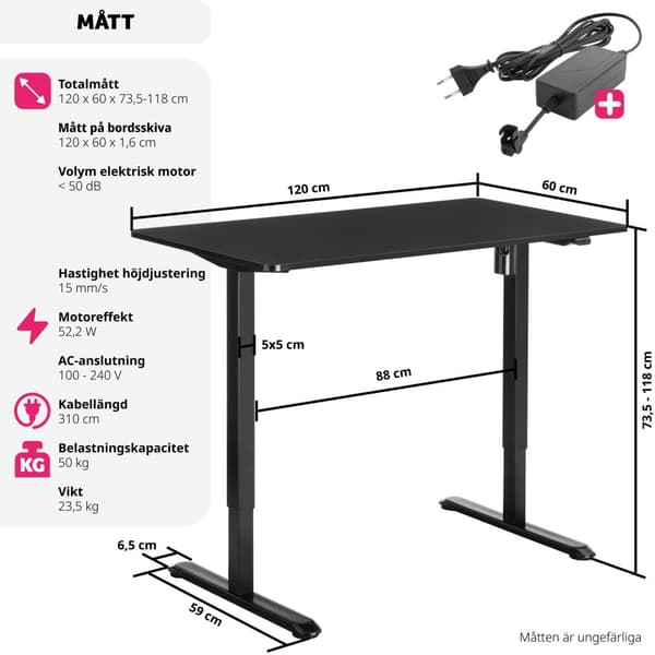 Elektriskt höj- och sänkbart skrivbord Skadi - svart