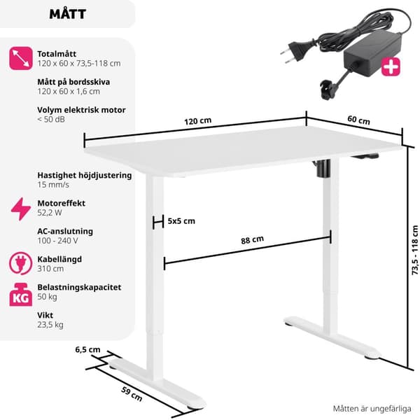 Elektriskt höj- och sänkbart skrivbord Skadi - vit