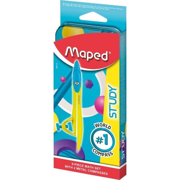 Maped - Study Pop School Compass Mathset Box - Metal Compass - Mini Tracing Set + Pennvässare + Eraser + Penna - Blå