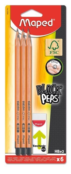 Maped - Set med 6 Black'Peps FSC HB grafitpennor och 1 White Technic 600 Eraser - Träpennor