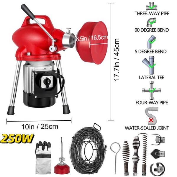 250W 400RPM professionell bärbar elektrisk avloppsmuddermaskin med 6 utbytbara knivar, tvåvägsbrytare, ren kopparmotor, bred användning