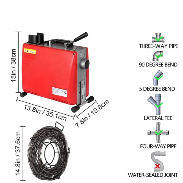 250W 400RPM bärbar högeffektiv elektrisk avloppsrengörare med 6 utbytbara knivar/2 stålkärnakabel, tvåvägsbrytare, lätt att använda, bred applikation
