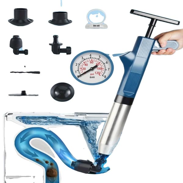 Lufttoalettplunger-set, högtrycksavloppsrensare, rostfri stålslang,Blå A