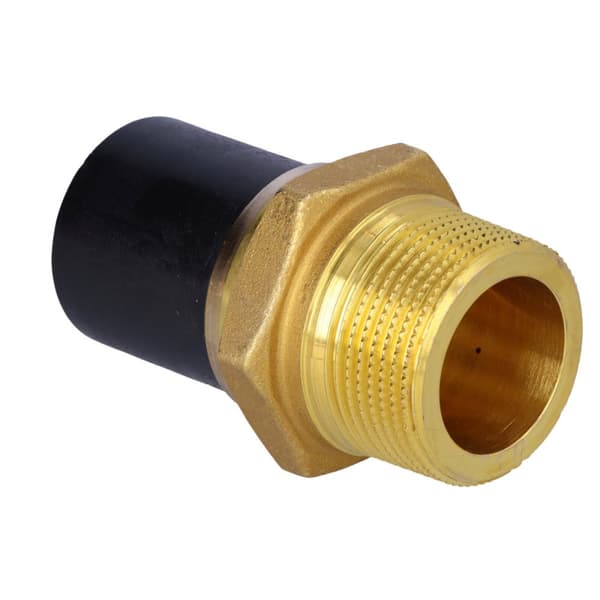 PE-mässingsadapter med utvändig gänga GZ, d40x1 1/4" PE100, SDR11, PN10 gas/PN16 vatten, för montering med elektrokoppling eller elektroreduktion