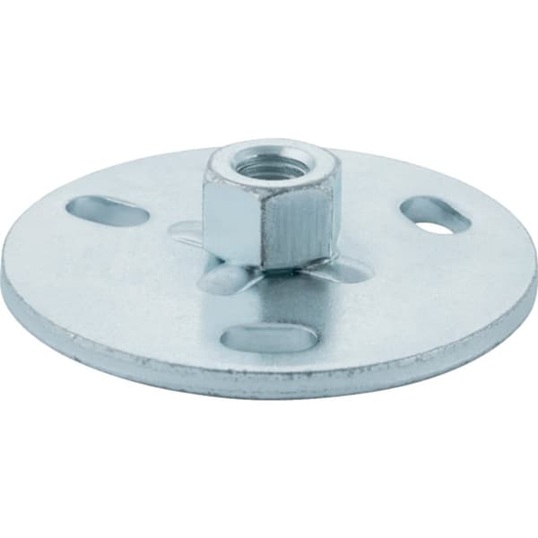 Monteringsplade med M10 gevindmuffe, indvendigt gevind, rund, 7 cm diameter, 3 huller, galvaniseret stål (HDPE spildevand)