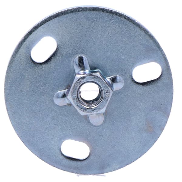 Monteringsplade med M10 gevindmuffe, indvendigt gevind, rund, 7 cm diameter, 3 huller, galvaniseret stål (HDPE spildevand)