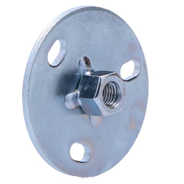 Monteringsplade med M10 gevindmuffe, indvendigt gevind, rund, 7 cm diameter, 3 huller, galvaniseret stål (HDPE spildevand)