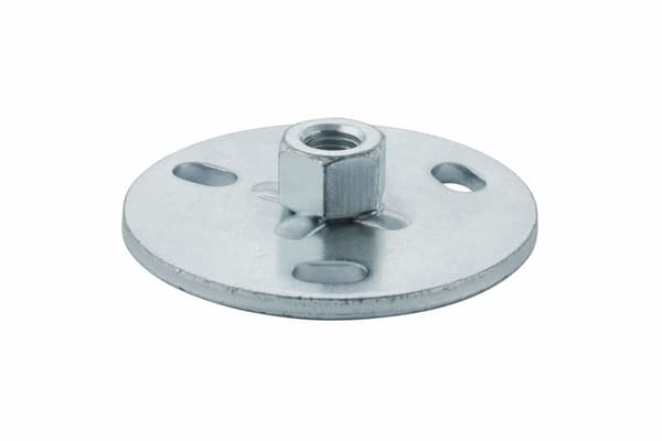 Monteringsplade med M10 gevindmuffe, indvendigt gevind, rund, 7 cm diameter, 3 huller, galvaniseret stål (HDPE spildevand)