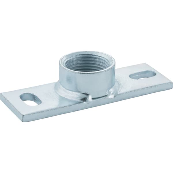 Monteringsplade med gevindmuffe GW1/2", indvendig gevind, aflang 12x4cm, 2 huller med en afstand på 9cm, galvaniseret stål (HDPE-kloaksystem)