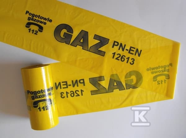 LDPE-folie / advarsels- og lokaliseringstape med "GAS"-tryk, gul, rulle, bredde 200 mm / tykkelse 0,3 mm / længde 100 m