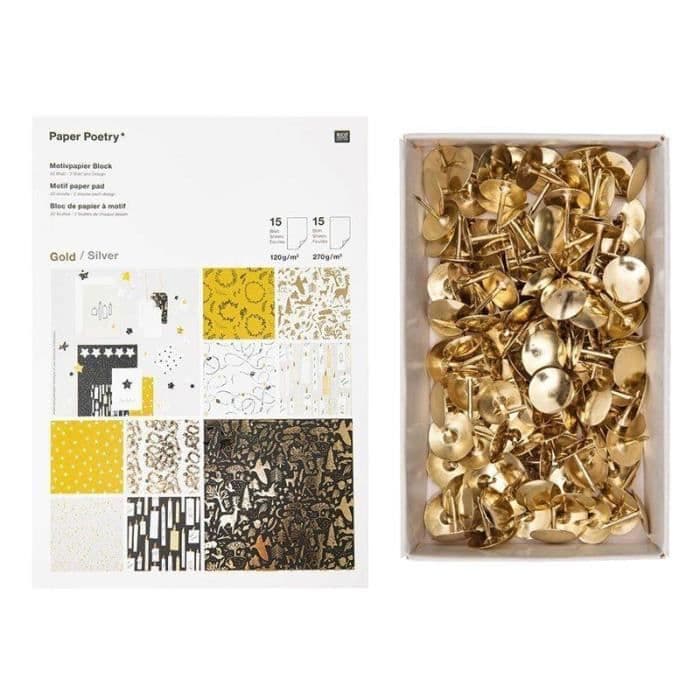 30 ark guld och silver nostalgiskt julpapper + 150 gyllene häftstift