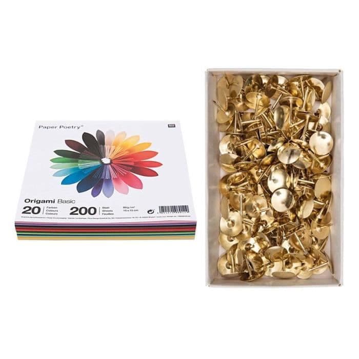 200 Basic origamiark 15 x 15 cm + 150 gyllene nålar