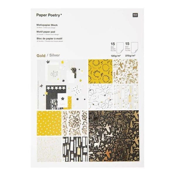 Dekorerat papper A4 - Rico Design - Nostalgisk Jul - Svart/Guld - 30 ark - 120/270 gr/m²
