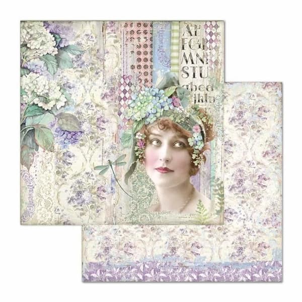 Set med 10 ark 'Hydrangea' scrapbookingpapper från Stamperia (30,5x30,5 cm)