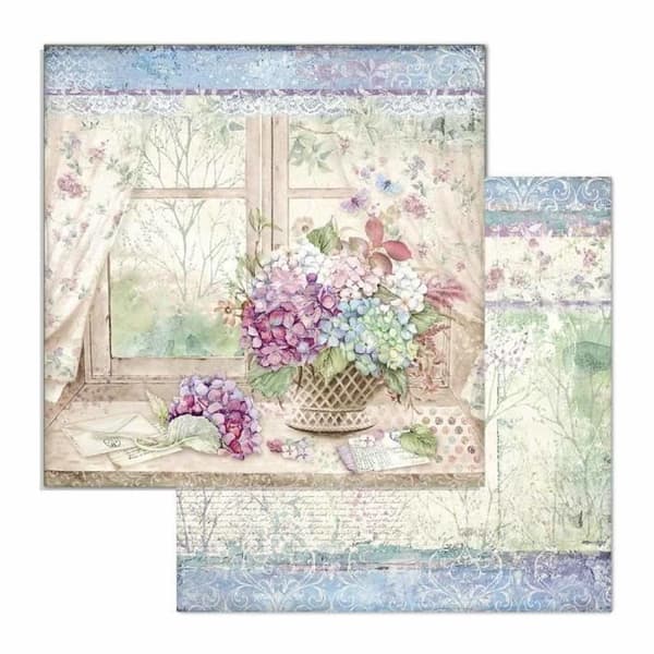 Set med 10 ark 'Hydrangea' scrapbookingpapper från Stamperia (30,5x30,5 cm)