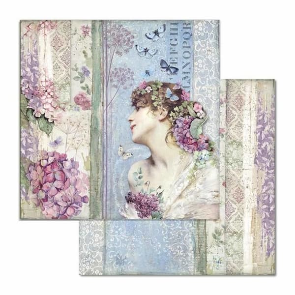 Set med 10 ark 'Hydrangea' scrapbookingpapper från Stamperia (30,5x30,5 cm)