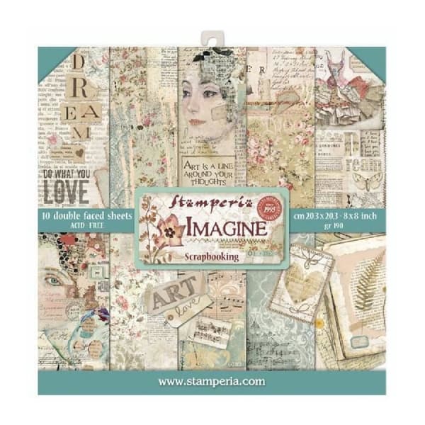 Set med 10 ark scrapbookingpapper - STAMPERIA - Imagine - 20,3x20,3 cm - Tema: Tid - Blandat