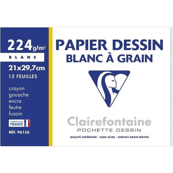 CLAIREFONTAINE - Ritfodral - P.E.F.C kornpapper - 21 x 29,7 - 12 ark - 224G - Vit färg