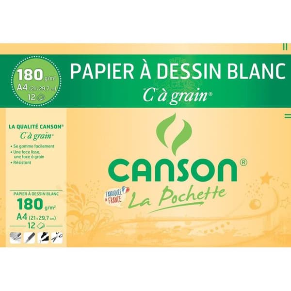 Ritpapper - CANSON - C korn - 21 x 29,7 cm - 180g - 12 ark - Vit