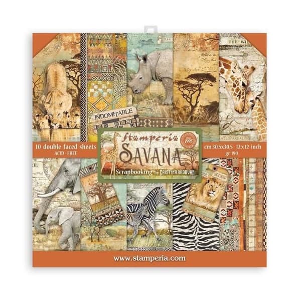 Set med 10 ark scrapbookingpapper 'Savana' från Stamperia (30,5x30,5 cm)