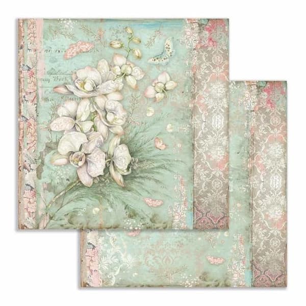 Set med 10 ark scrapbookingpapper 'Orchids and Cats' från Stamperia (30,5x30,5 cm)
