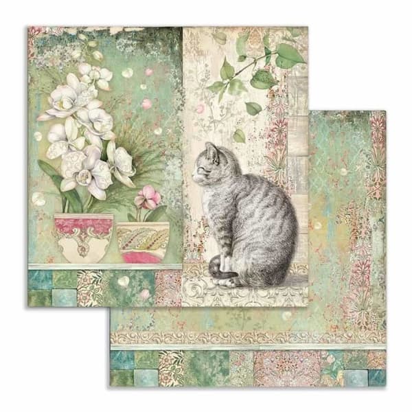 Set med 10 ark scrapbookingpapper 'Orchids and Cats' från Stamperia (30,5x30,5 cm)