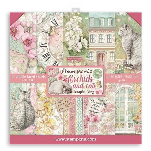 Set med 10 ark scrapbookingpapper 'Orchids and Cats' från Stamperia (30,5x30,5 cm)