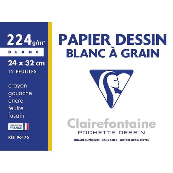 Ritpåse - CLAIREFONTAINE - 24 x 32 cm - 12 ark - Kornpapper - 224G - Vit