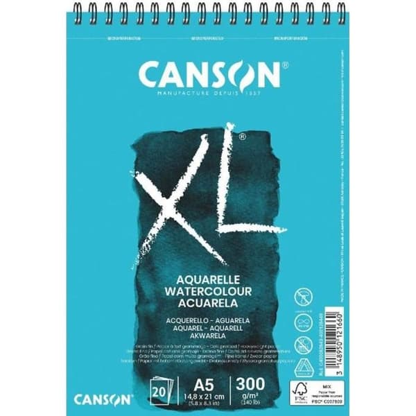 Akvarellpappersdyna - CANSON - XL akvarell - 20 A5-ark - 300g/m2 - Finkornig