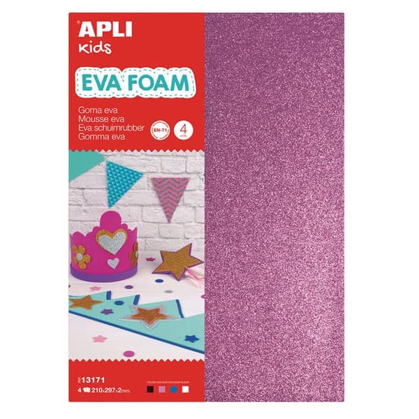 APLI gummiskum - 4 arks påse - Svart, rosa, blått och vitt glitter - 2 mm tjockt