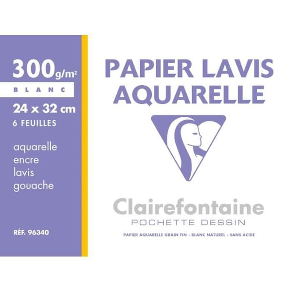 Pochette lavis akvarell - CLAIREFONTAINE - 24x32 cm - 6 ark - 300g - Vit