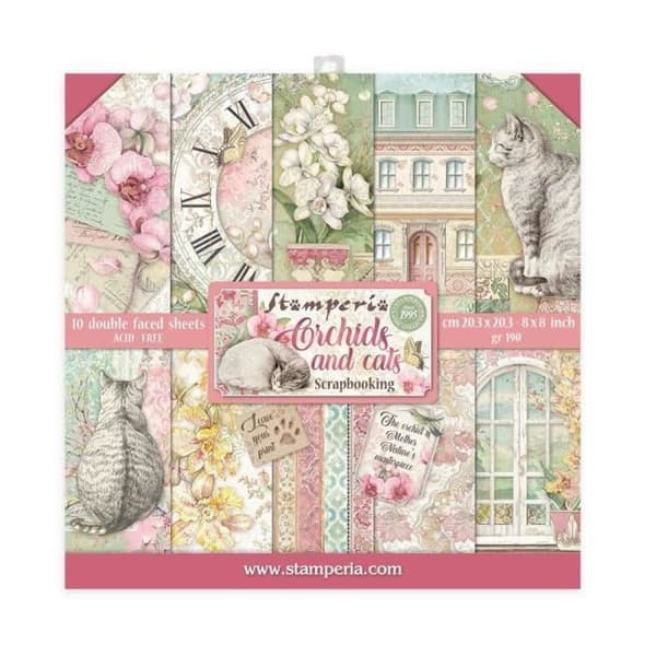 Scrapbookingpapper 'Orchids and Cats' - STAMPERIA - Set med 10 ark (20,3x20,3 cm)