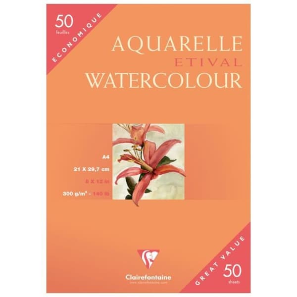 Akvarellpapper - CLAIREFONTAINE - Etival - A4 - 50 ark - 300g - Finkornig