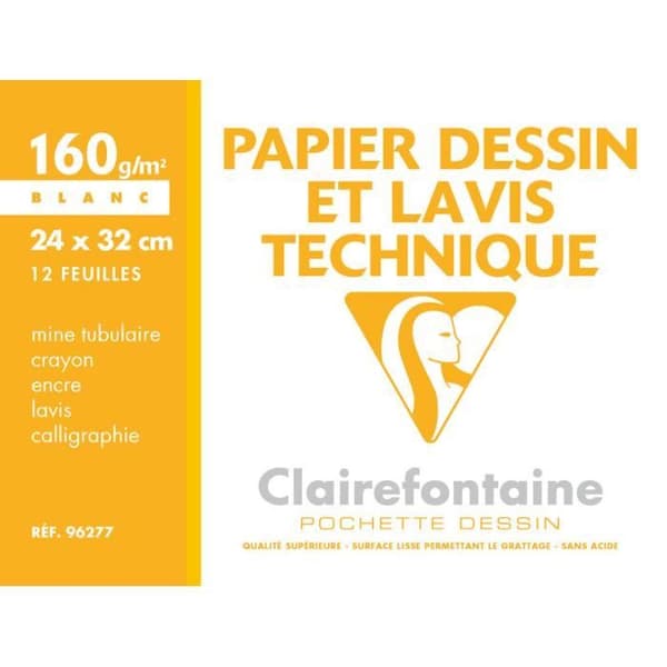 Ritnings- och teknisk tvättpapperspåse - CLAIREFONTAINE - 24x32 - 12F - 160g - Vit