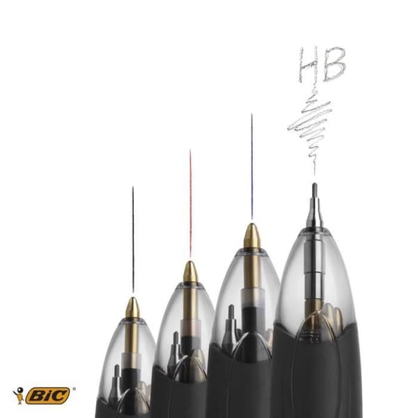 Kulspetspennor - BIC - 4 färger 3+1HB - Medium spetsar 1,0 mm - HB Mekanisk penna 0,7 mm - Kartong med 12