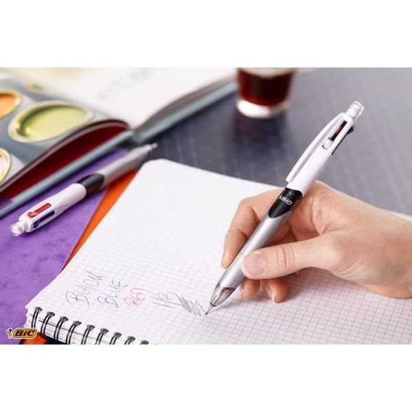 Kulspetspennor - BIC - 4 färger 3+1HB - Medium spetsar 1,0 mm - HB Mekanisk penna 0,7 mm - Kartong med 12