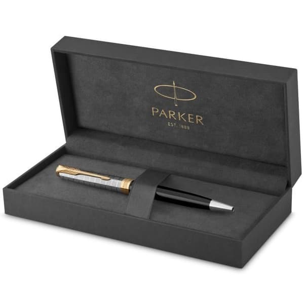 PARKER Sonnet Premium kulspetspenna, metall och svart lack, guldpläterad kant, mellanspets svart refill, presentförpackning
