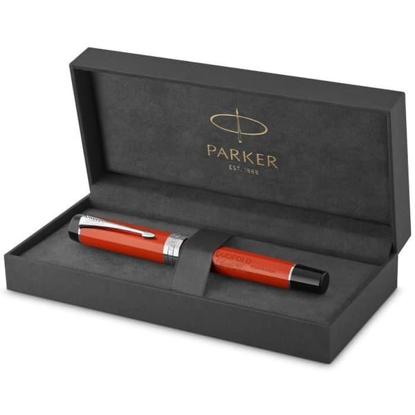 PARKER Duofold Centennial reservoarpenna, stor röd vintage, palladiumkant, fin 18K guldspets, presentförpackning