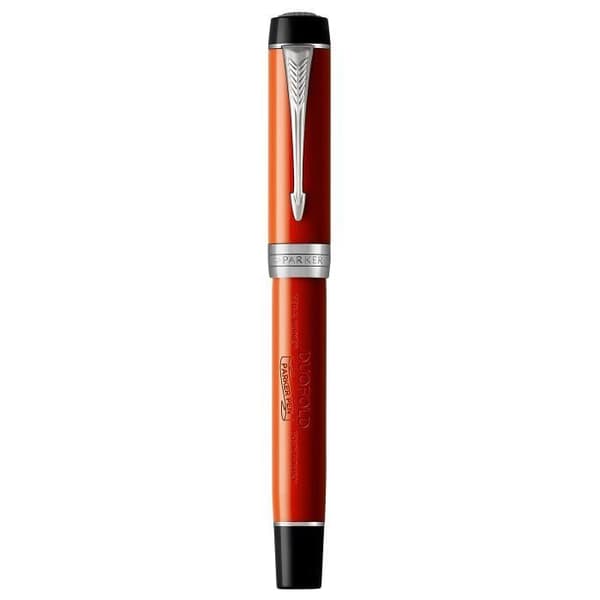 PARKER Duofold Centennial reservoarpenna, stor röd vintage, palladiumkant, fin 18K guldspets, presentförpackning